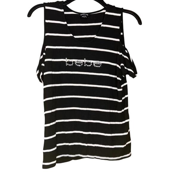 Bebe Striped Black/White Y2K Cut Out Rhinestone Baby Tee - Picture 1 of 5